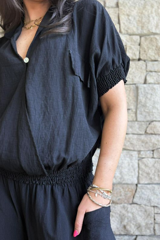 Basso Button Drape Cap Sleeve Shirt Black